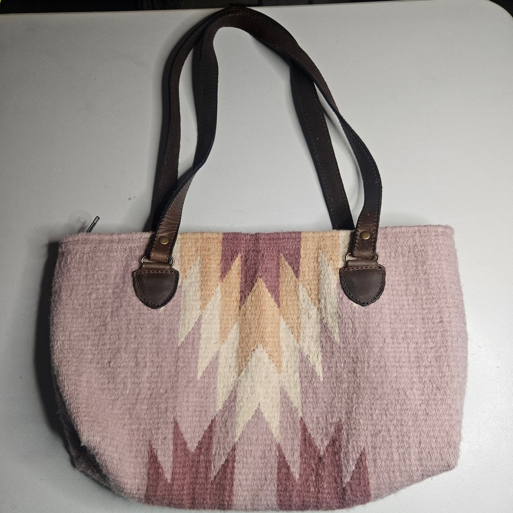 MZ Made Zapotec Wool Tote Bag Mauve Geometric Handwoven Leather Aztec Fair Trade